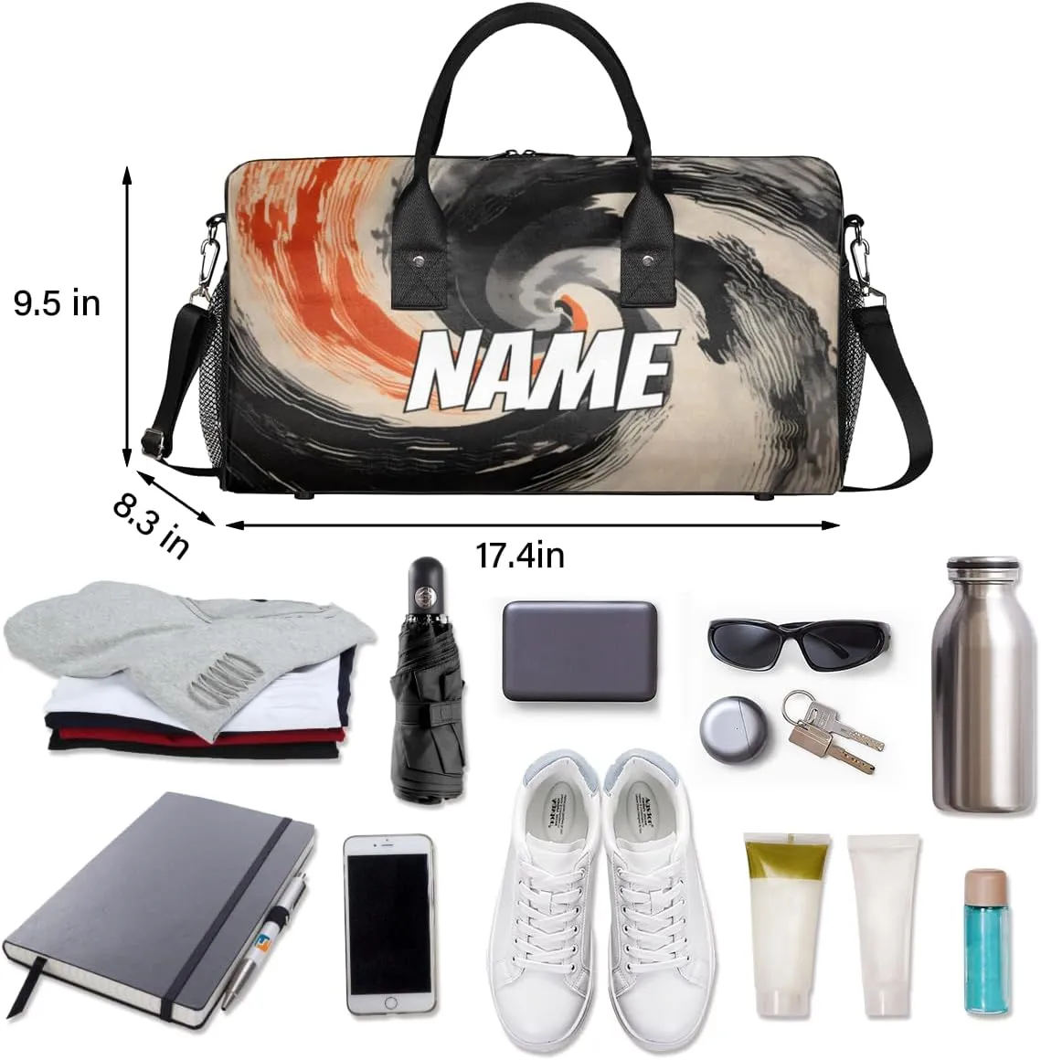Personalized Abstract Ink Painting Travel Duffel Bag with Name, Custom Gym Sport Bag Chinese Retro Carry On Weekend Overnight Duffel Bag for Men Women