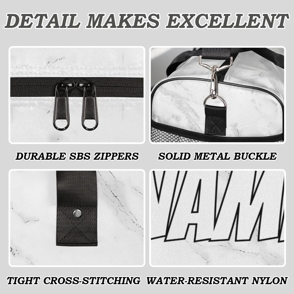 Personalized Abstract Marble Travel Duffel Bag with Name, Custom Gym Sport Bag Grey White Carry On Weekend Overnight Duffel Bag for Men Women