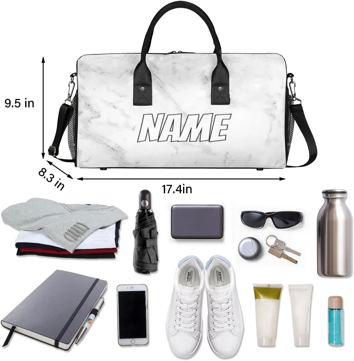 Personalized Abstract Marble Travel Duffel Bag with Name, Custom Gym Sport Bag Grey White Carry On Weekend Overnight Duffel Bag for Men Women