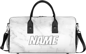 Personalized Abstract Marble Travel Duffel Bag with Name, Custom Gym Sport Bag Grey White Carry On Weekend Overnight Duffel Bag for Men Women