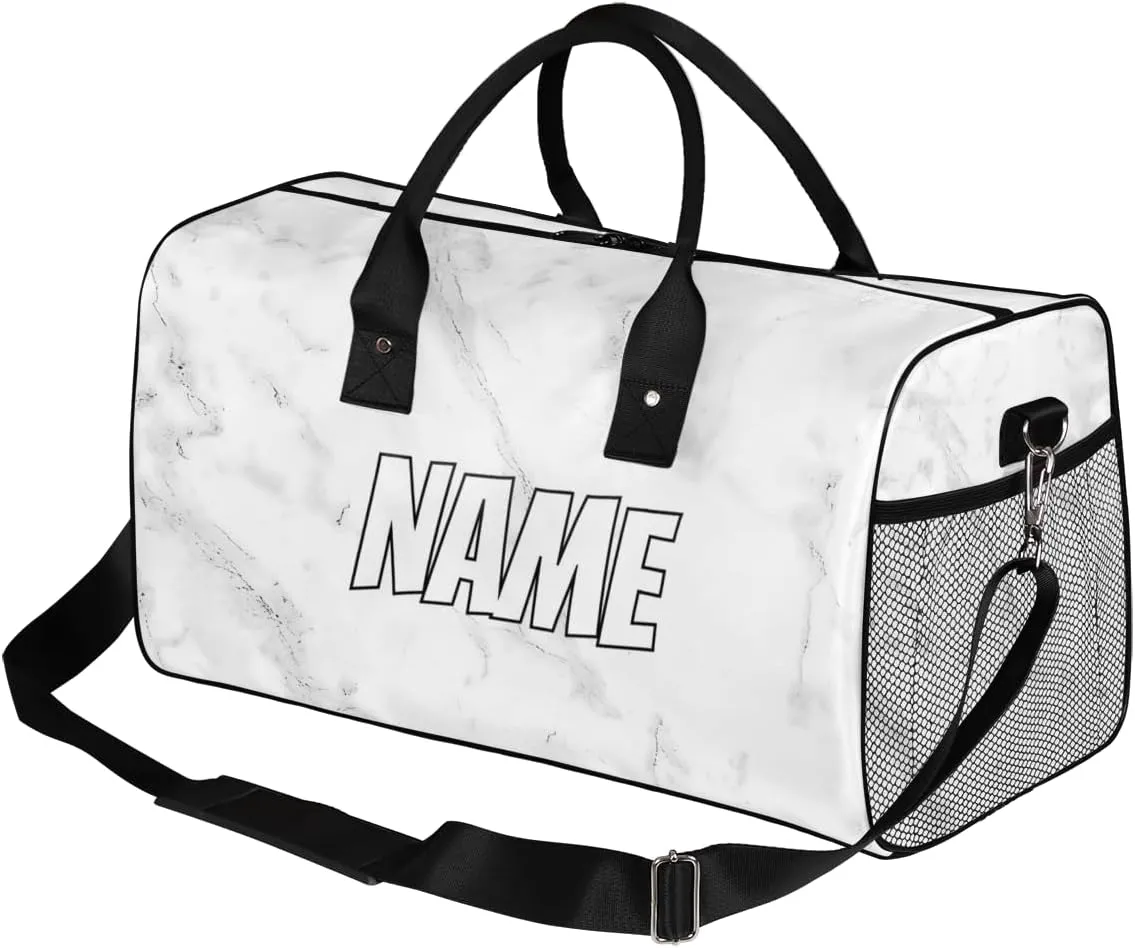 Personalized Abstract Marble Travel Duffel Bag with Name, Custom Gym Sport Bag Grey White Carry On Weekend Overnight Duffel Bag for Men Women