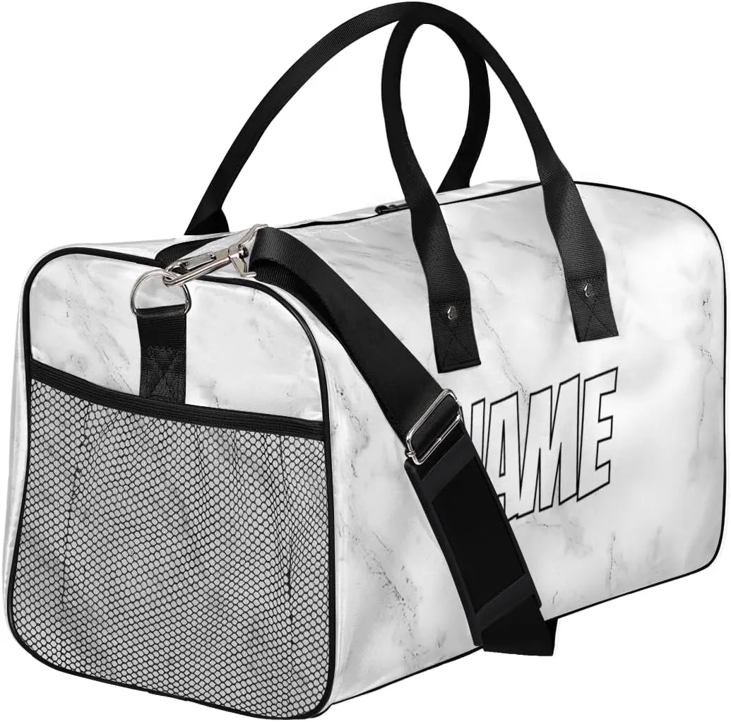 Personalized Abstract Marble Travel Duffel Bag with Name, Custom Gym Sport Bag Grey White Carry On Weekend Overnight Duffel Bag for Men Women