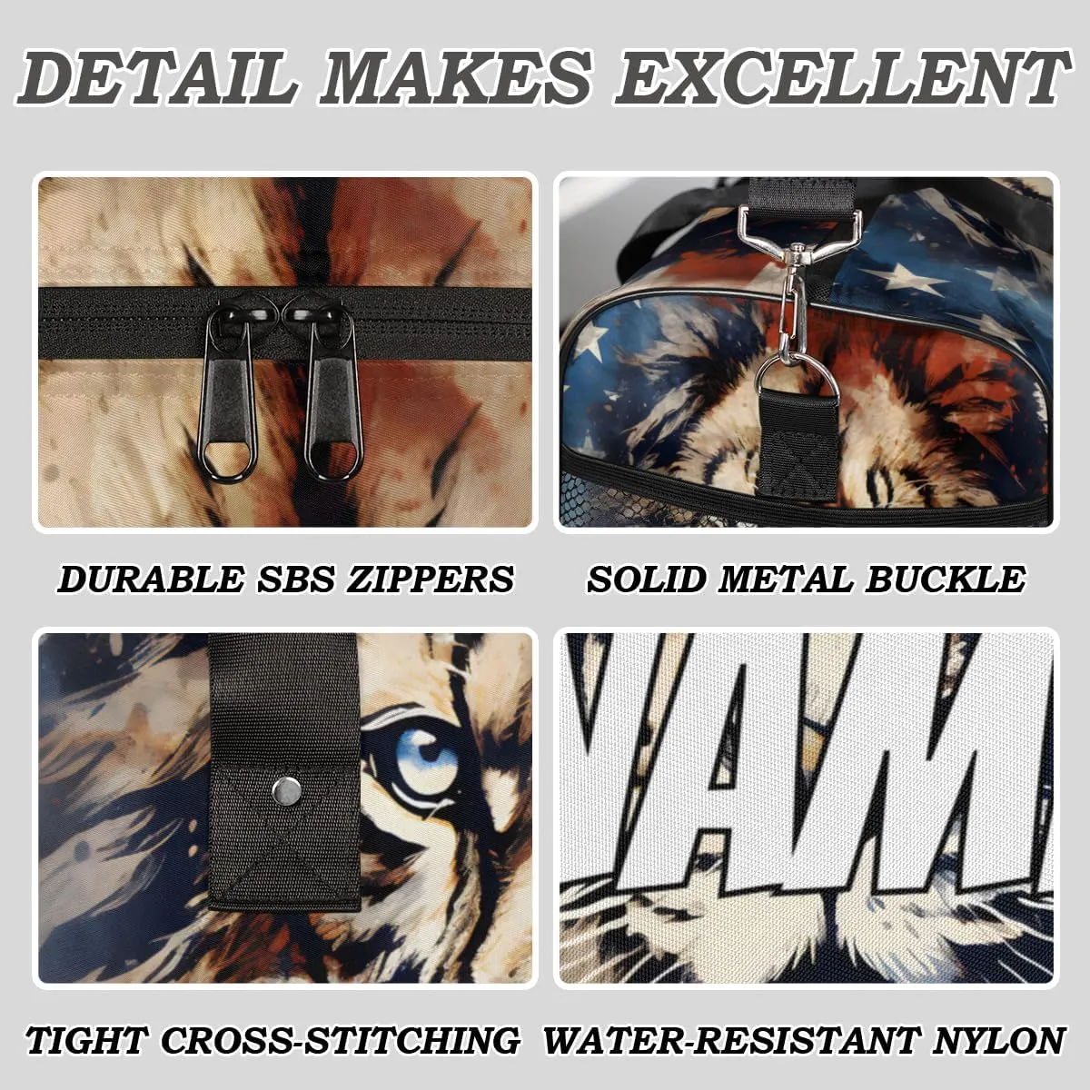 Personalized America Flag Lion Travel Duffel Bag with Name, Custom Gym Sport Bag Lion Animal Carry On Weekend Overnight Duffel Bag for Men Women