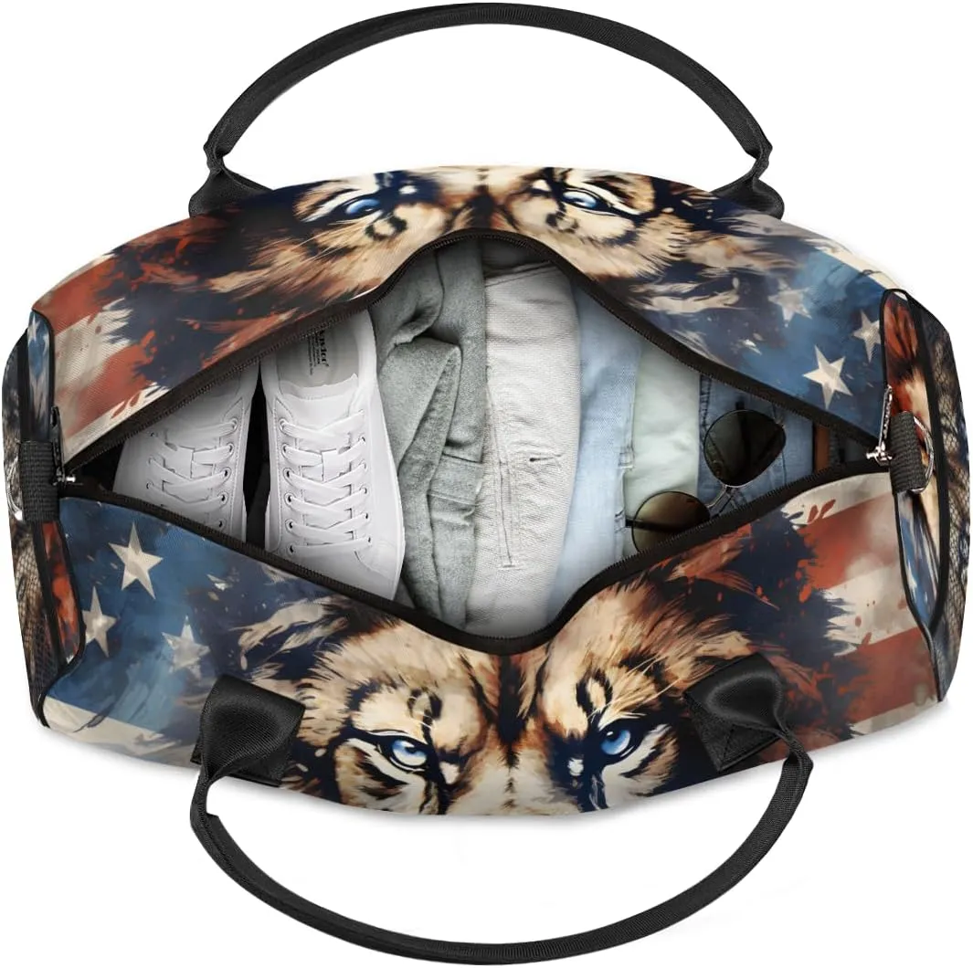 Personalized America Flag Lion Travel Duffel Bag with Name, Custom Gym Sport Bag Lion Animal Carry On Weekend Overnight Duffel Bag for Men Women