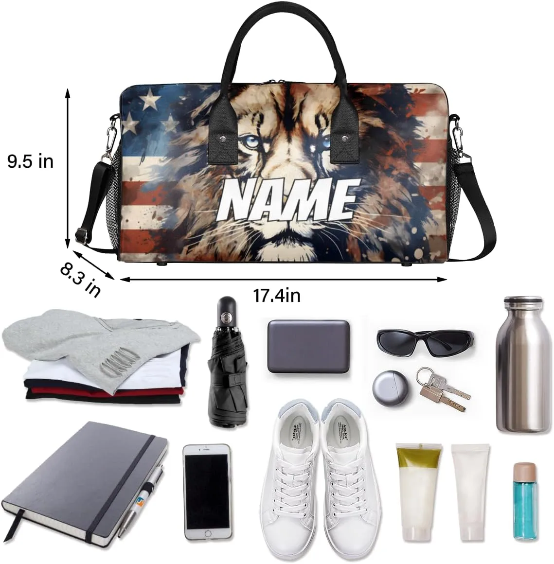 Personalized America Flag Lion Travel Duffel Bag with Name, Custom Gym Sport Bag Lion Animal Carry On Weekend Overnight Duffel Bag for Men Women