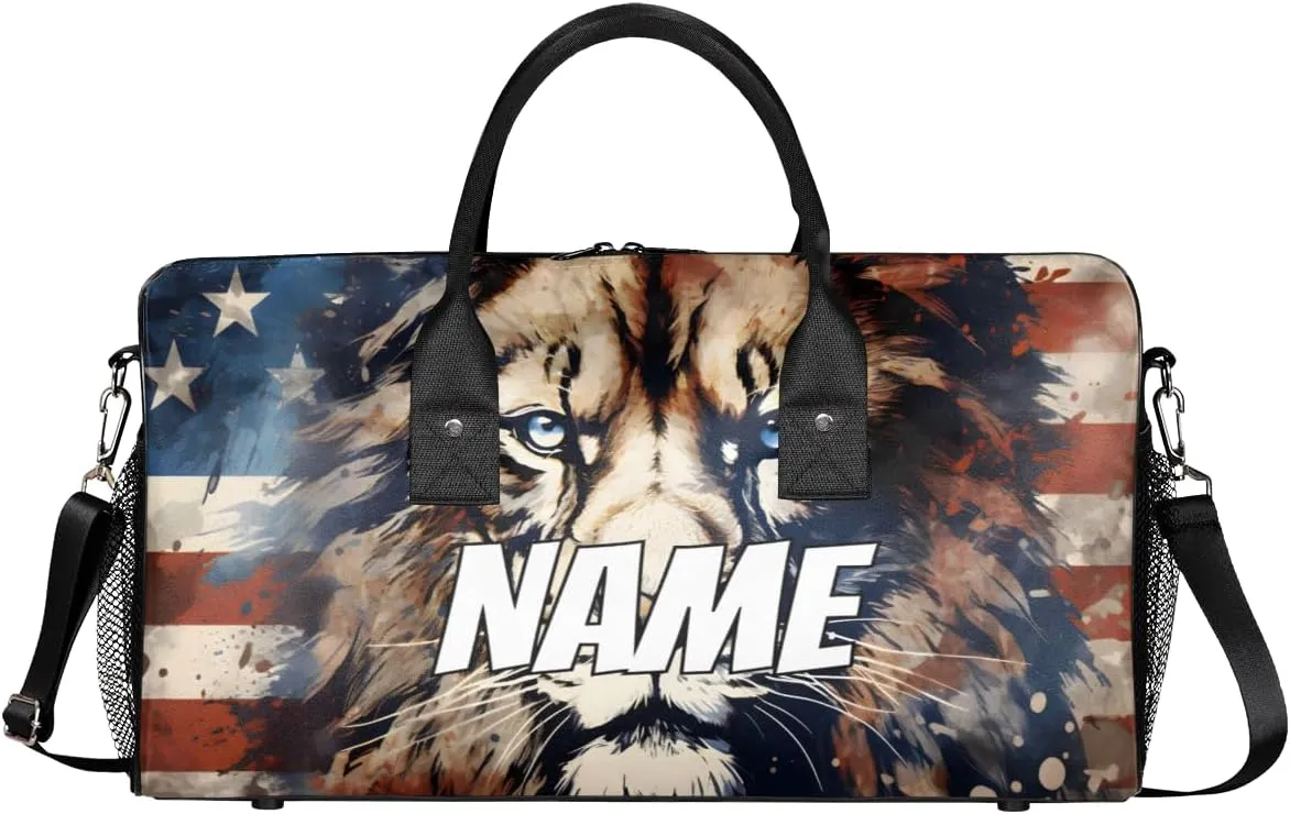 Personalized America Flag Lion Travel Duffel Bag with Name, Custom Gym Sport Bag Lion Animal Carry On Weekend Overnight Duffel Bag for Men Women