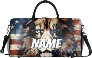 Personalized America Flag Lion Travel Duffel Bag with Name, Custom Gym Sport Bag Lion Animal Carry On Weekend Overnight Duffel Bag for Men Women