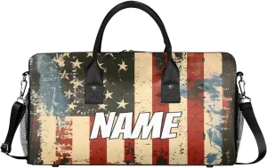 Personalized American Flag Travel Duffel Bag with Name, Custom Gym Sport Bag Vintage Independence Day Carry On Weekend Overnight Duffel Bag for Men Women