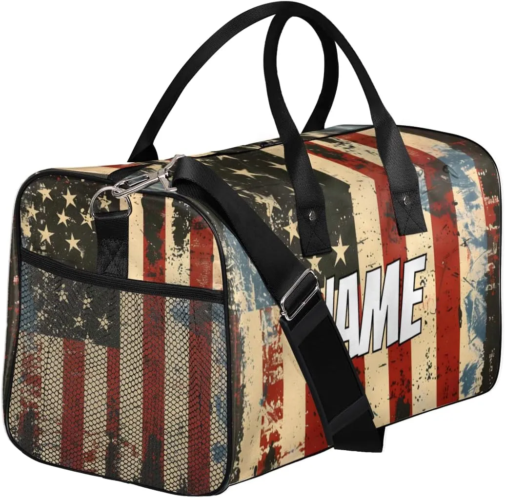 Personalized American Flag Travel Duffel Bag with Name, Custom Gym Sport Bag Vintage Independence Day Carry On Weekend Overnight Duffel Bag for Men Women