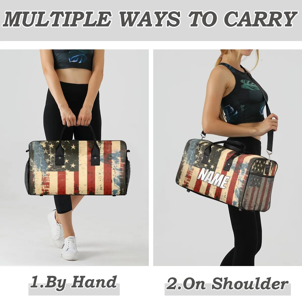 Personalized American Flag Travel Duffel Bag with Name, Custom Gym Sport Bag Vintage Independence Day Carry On Weekend Overnight Duffel Bag for Men Women