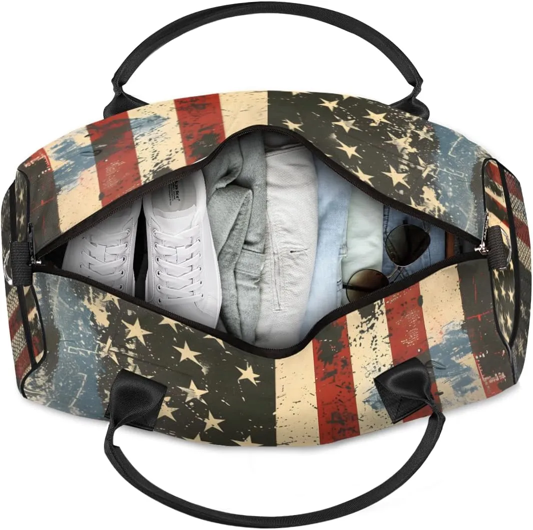 Personalized American Flag Travel Duffel Bag with Name, Custom Gym Sport Bag Vintage Independence Day Carry On Weekend Overnight Duffel Bag for Men Women
