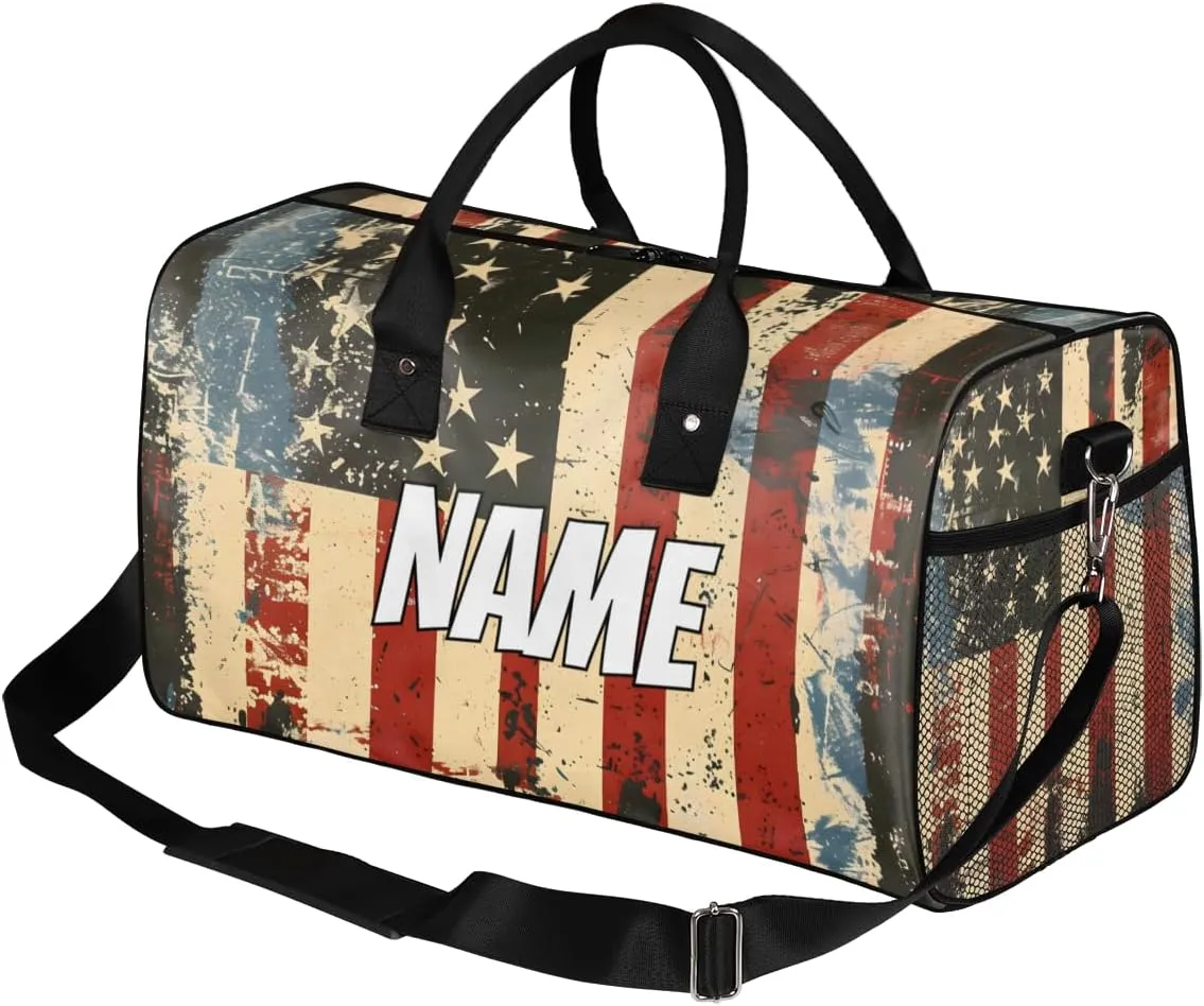 Personalized American Flag Travel Duffel Bag with Name, Custom Gym Sport Bag Vintage Independence Day Carry On Weekend Overnight Duffel Bag for Men Women