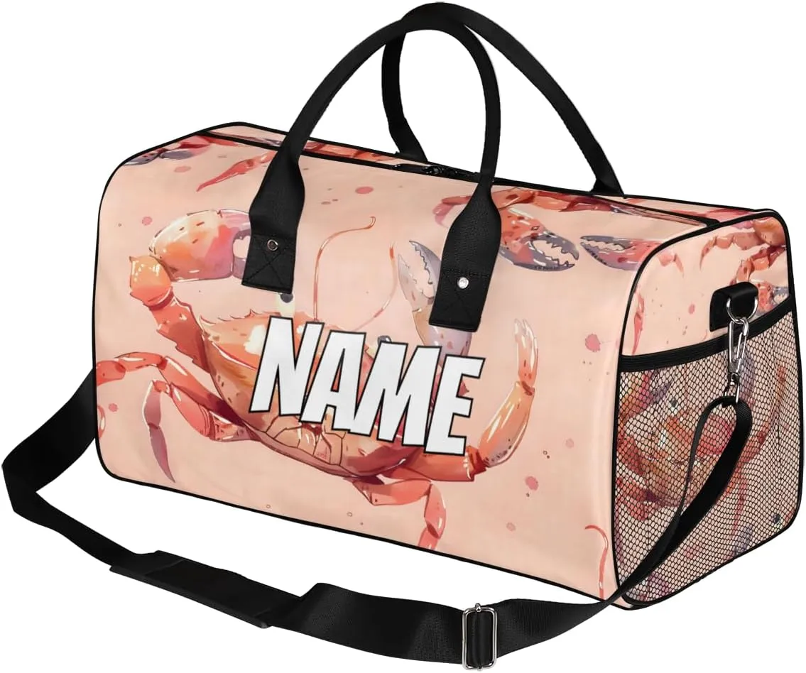 Personalized Animal Crab Travel Duffel Bag with Name, Custom Gym Sport Bag Coastal Animal Carry On Weekend Overnight Duffel Bag for Men Women