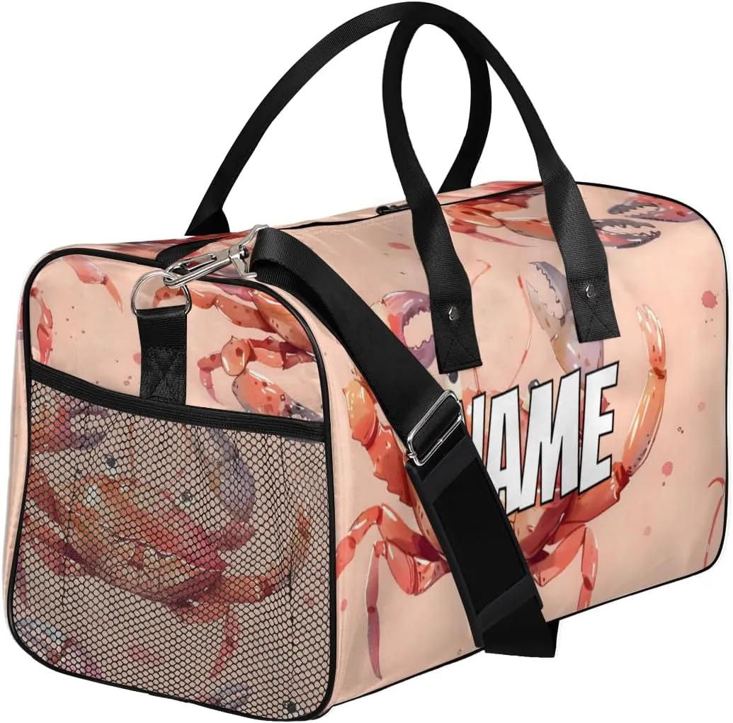 Personalized Animal Crab Travel Duffel Bag with Name, Custom Gym Sport Bag Coastal Animal Carry On Weekend Overnight Duffel Bag for Men Women