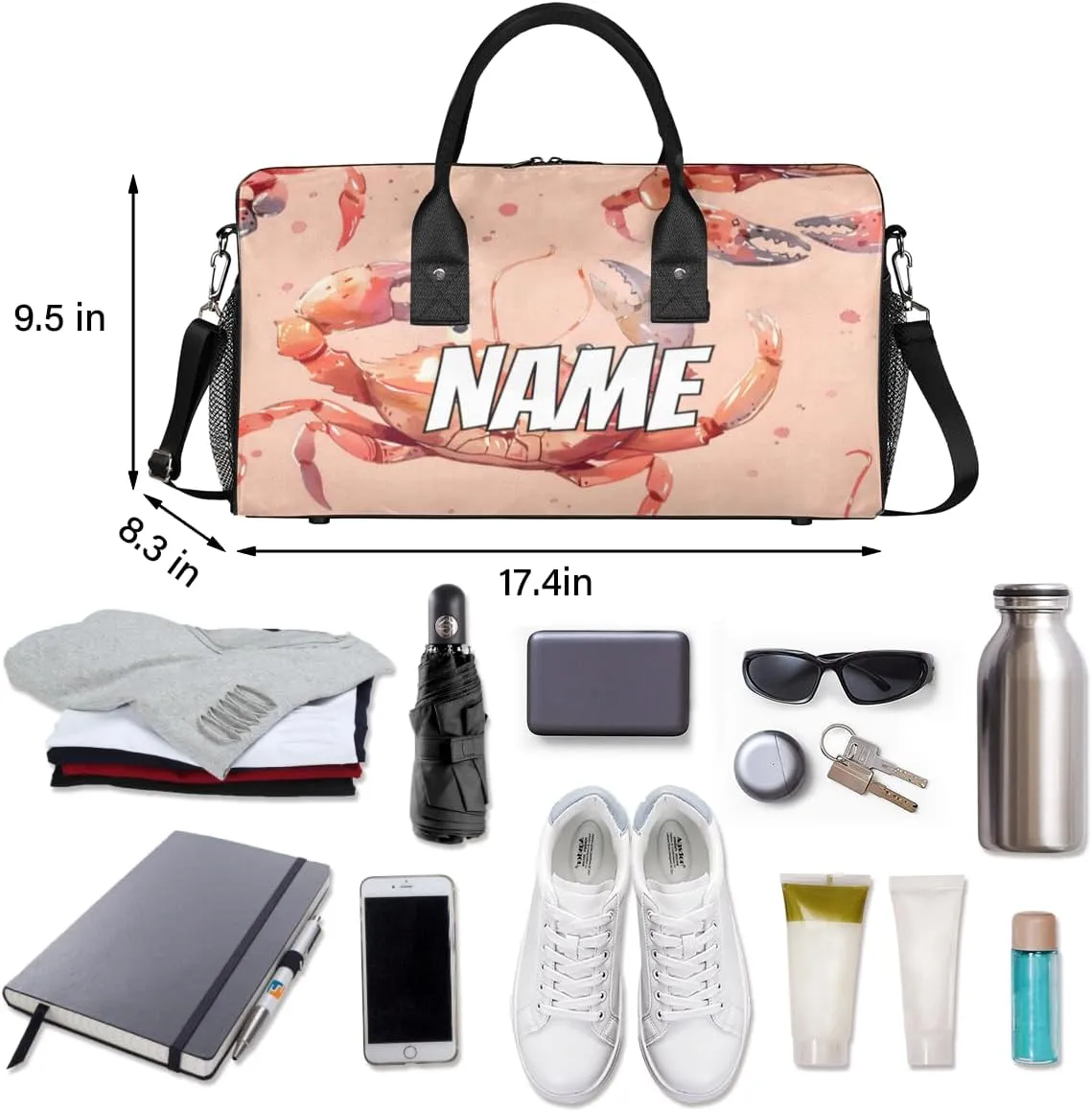Personalized Animal Crab Travel Duffel Bag with Name, Custom Gym Sport Bag Coastal Animal Carry On Weekend Overnight Duffel Bag for Men Women