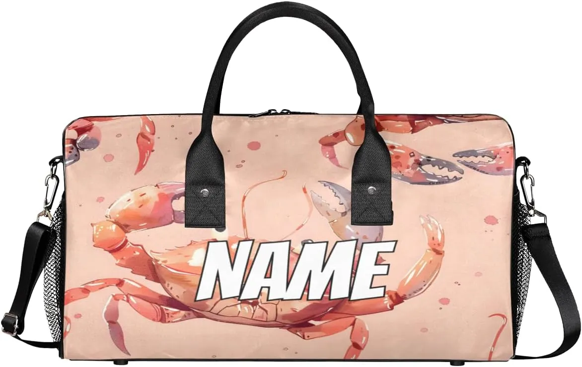 Personalized Animal Crab Travel Duffel Bag with Name, Custom Gym Sport Bag Coastal Animal Carry On Weekend Overnight Duffel Bag for Men Women