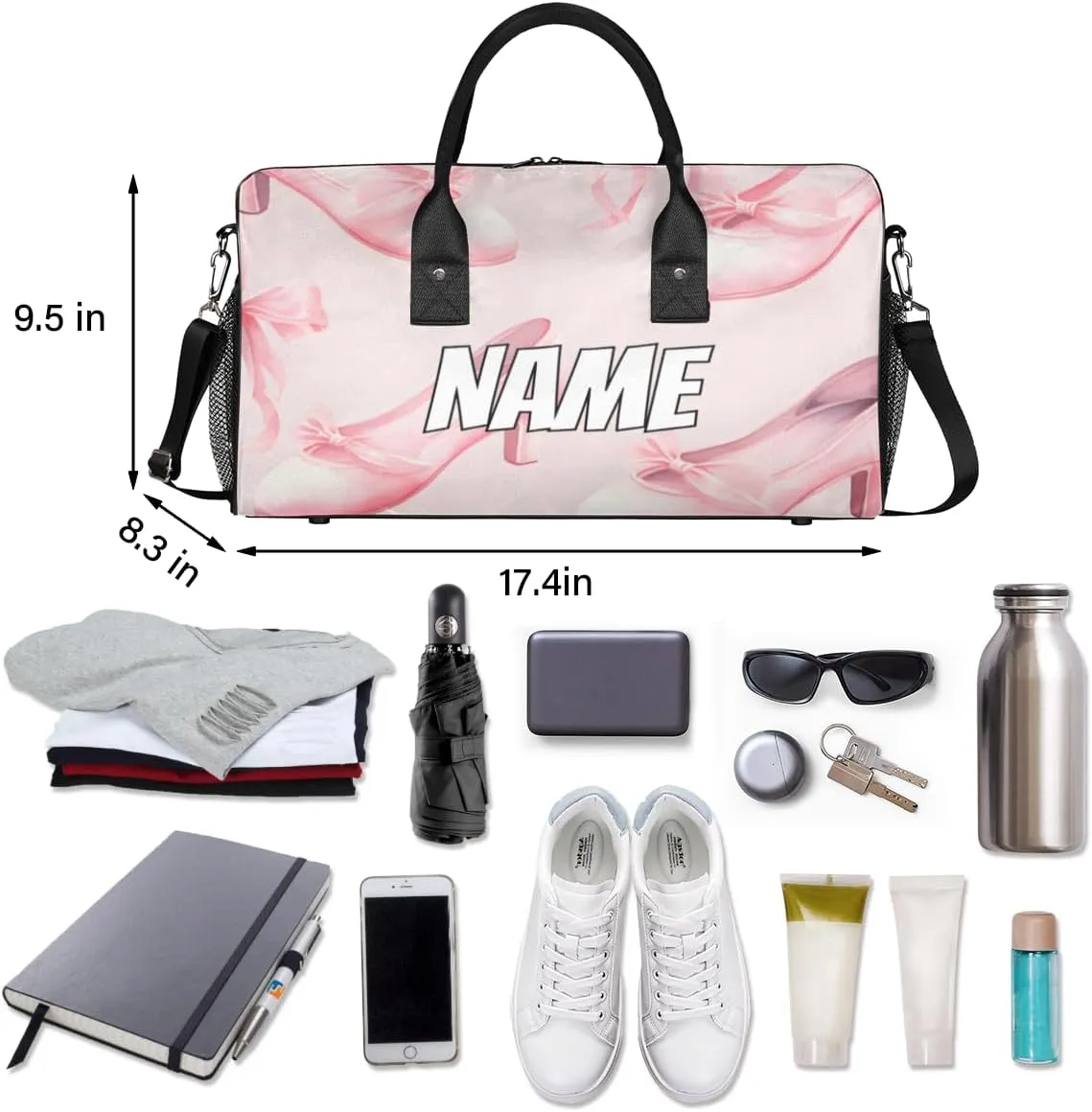 Personalized Ballet Shoes Travel Duffel Bag with Name, Custom Gym Sport Bag Dance Theme Carry On Weekend Overnight Duffel Bag for Men Women