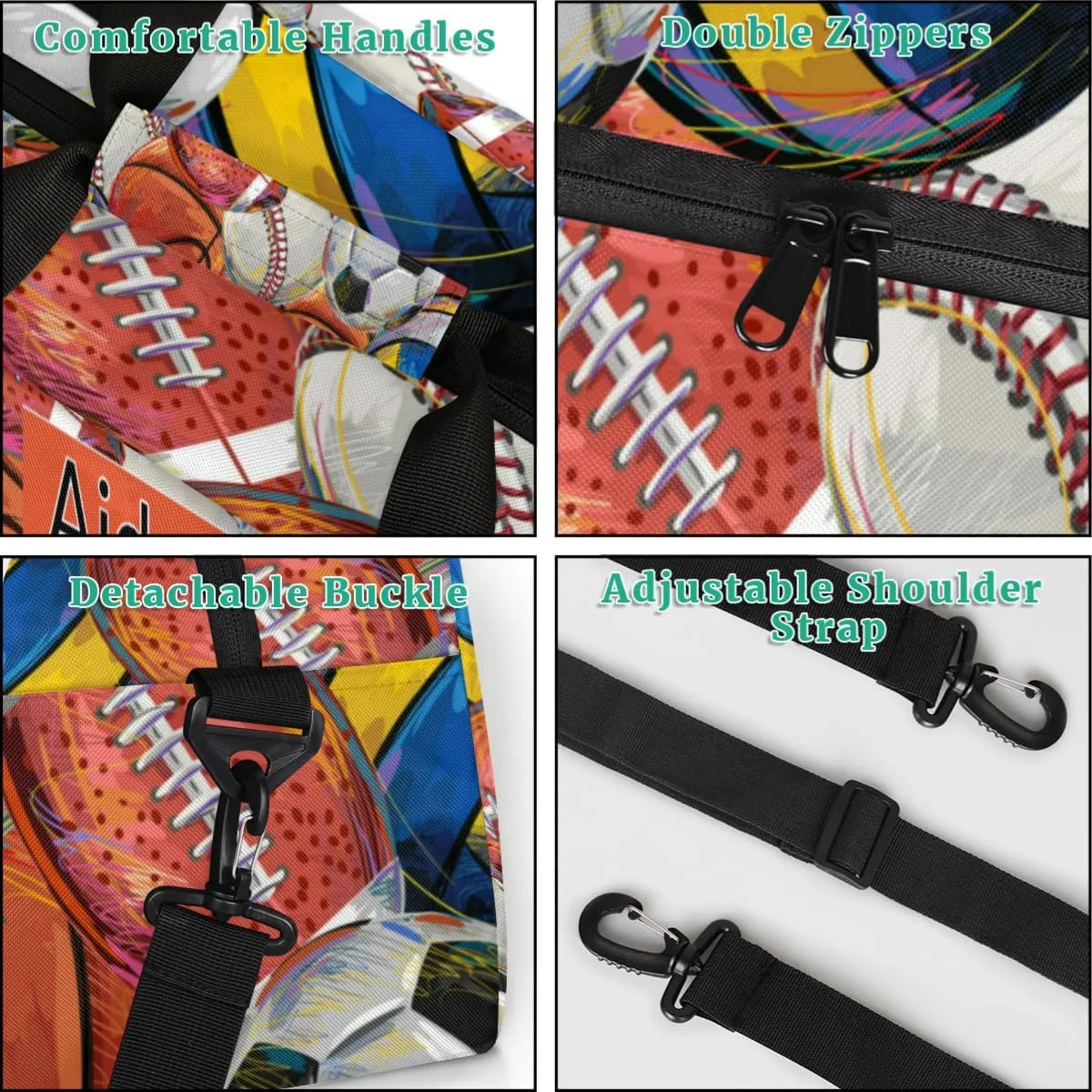 Personalized Baseball Sports Duffel Bag with Name, Men Sport Duffel Gym Training Bag Weekender Bags Athlete Bag Travel Workout Duffel Bag, Painted Balls, Volleyball Basketball Baseball Soccer