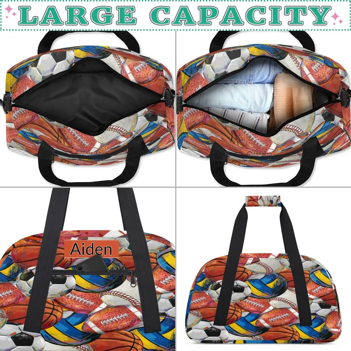 Personalized Baseball Sports Duffel Bag with Name, Men Sport Duffel Gym Training Bag Weekender Bags Athlete Bag Travel Workout Duffel Bag, Painted Balls, Volleyball Basketball Baseball Soccer