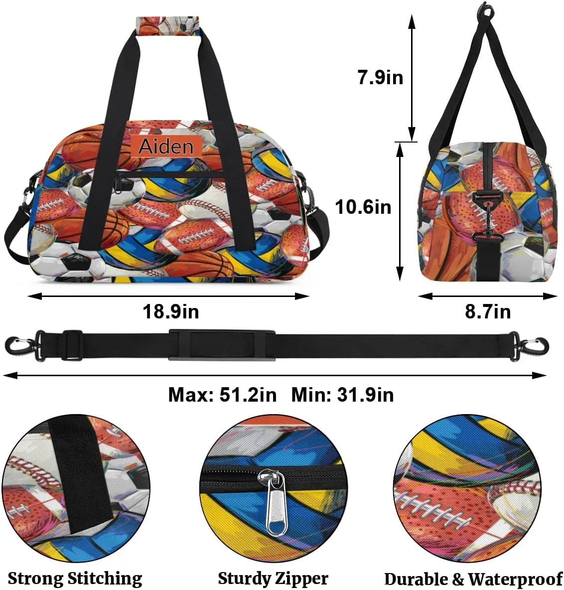 Personalized Baseball Sports Duffel Bag with Name, Men Sport Duffel Gym Training Bag Weekender Bags Athlete Bag Travel Workout Duffel Bag, Painted Balls, Volleyball Basketball Baseball Soccer
