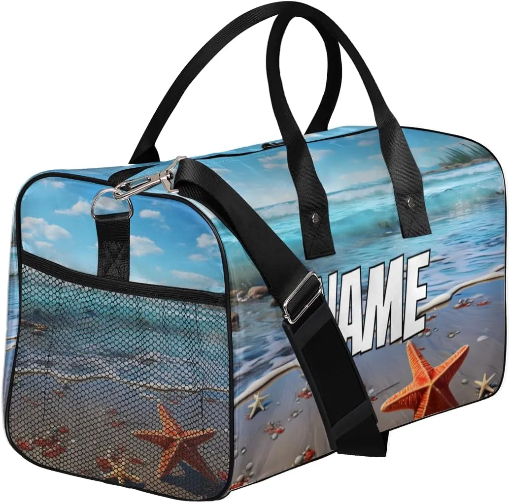 Personalized Beach Starfish Travel Duffel Bag with Name, Custom Gym Sport Bag Blue Ocean Carry On Weekend Overnight Duffel Bag for Men Women