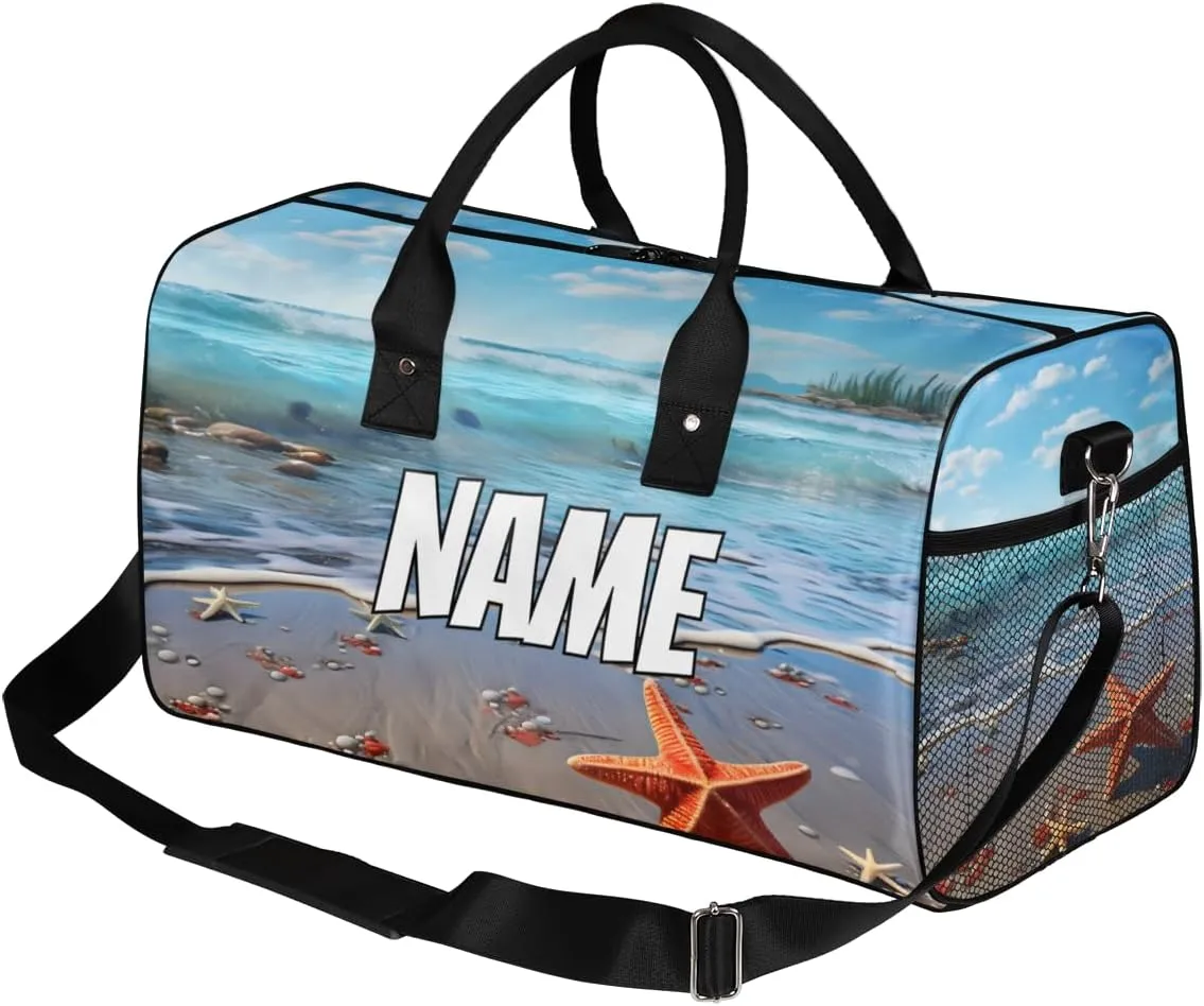 Personalized Beach Starfish Travel Duffel Bag with Name, Custom Gym Sport Bag Blue Ocean Carry On Weekend Overnight Duffel Bag for Men Women
