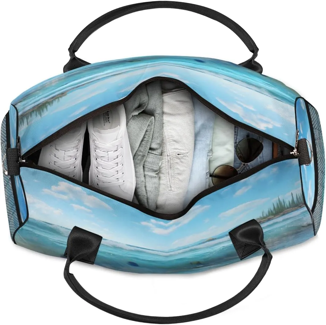 Personalized Beach Starfish Travel Duffel Bag with Name, Custom Gym Sport Bag Blue Ocean Carry On Weekend Overnight Duffel Bag for Men Women