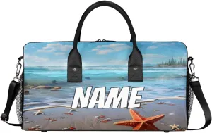 Personalized Beach Starfish Travel Duffel Bag with Name, Custom Gym Sport Bag Blue Ocean Carry On Weekend Overnight Duffel Bag for Men Women