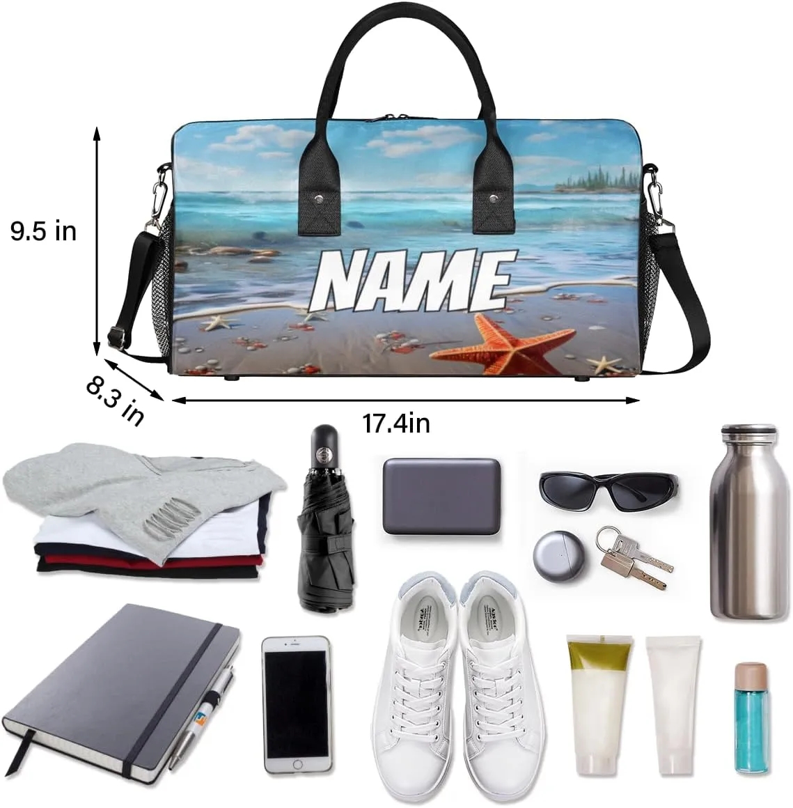 Personalized Beach Starfish Travel Duffel Bag with Name, Custom Gym Sport Bag Blue Ocean Carry On Weekend Overnight Duffel Bag for Men Women