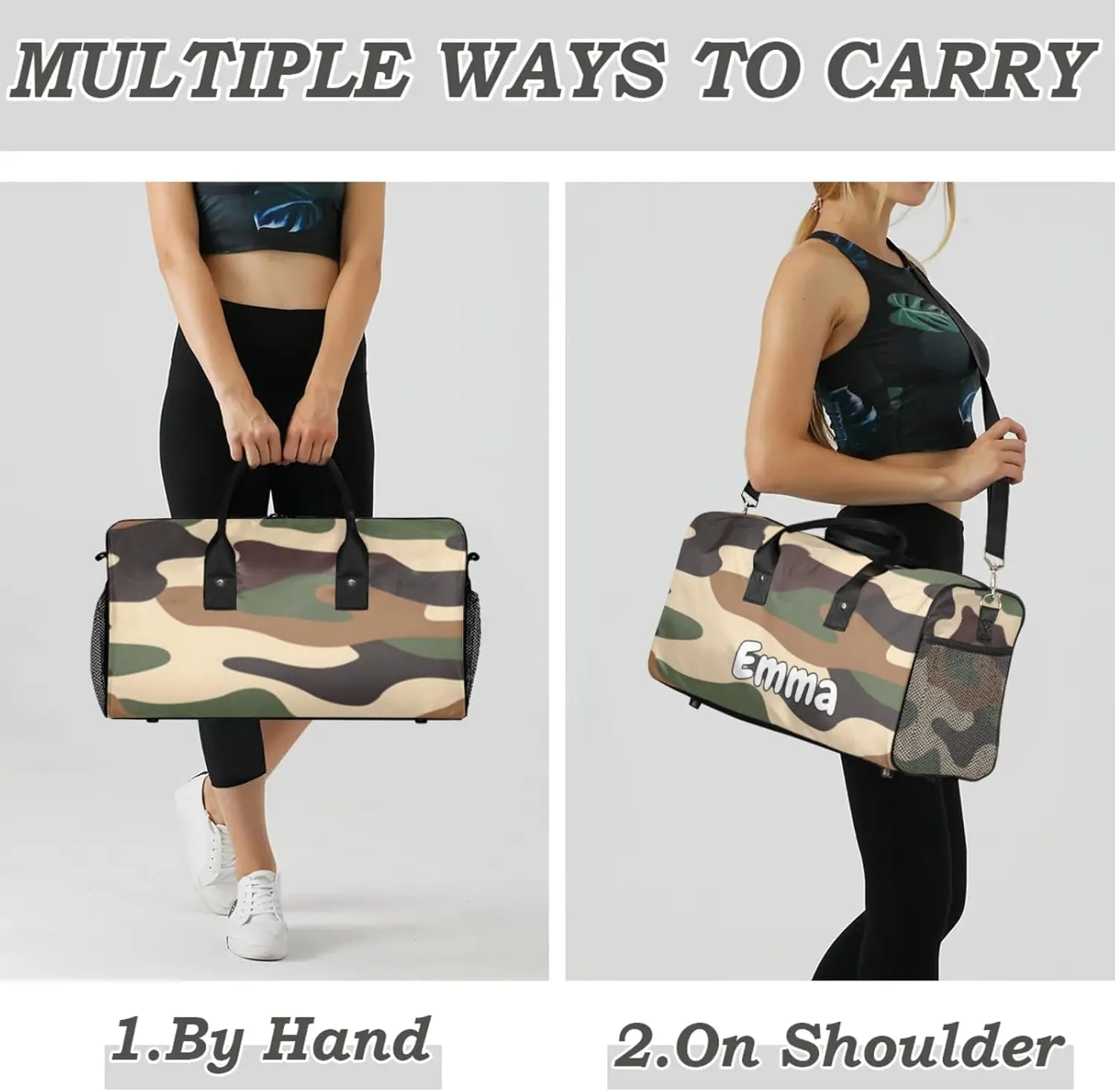 Personalized Black Brown Camo Travel Duffel Bag with Name, Custom Gym Sport Bag Camouflage Carry On Weekend Overnight Duffel Bag for Men Women