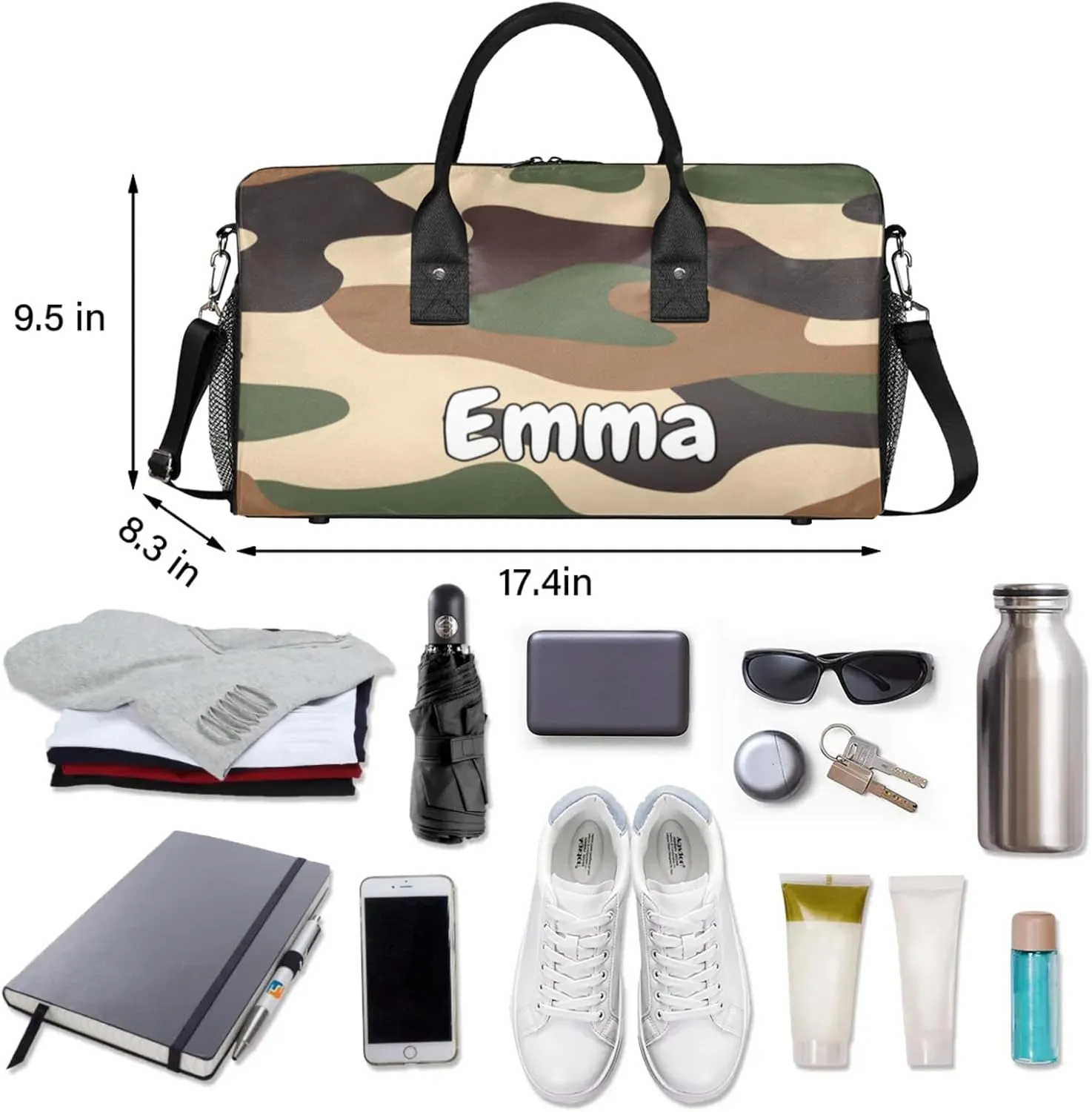 Personalized Black Brown Camo Travel Duffel Bag with Name, Custom Gym Sport Bag Camouflage Carry On Weekend Overnight Duffel Bag for Men Women