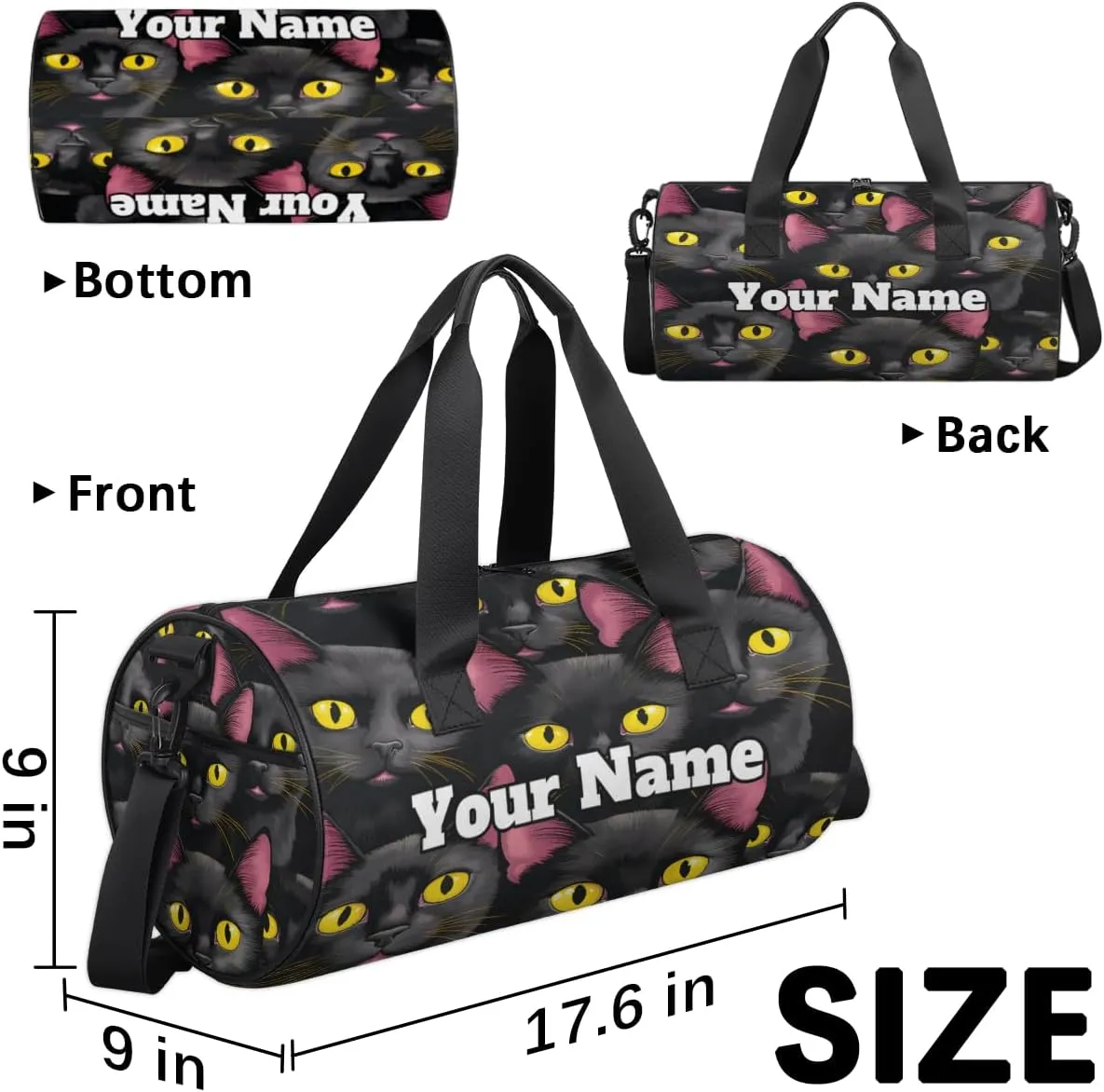 Personalized Black Cat Print Sport Gym Bag, Custom Name Duffel Bags for Men, Waterproof Custom Sport Duffel Bag, Gymnastics Dance, Funny Cat