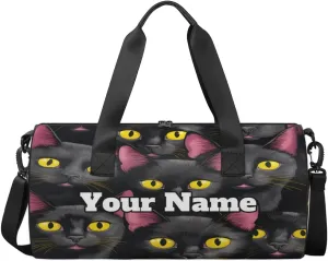 Personalized Black Cat Print Sport Gym Bag, Custom Name Duffel Bags for Men, Waterproof Custom Sport Duffel Bag, Gymnastics Dance, Funny Cat