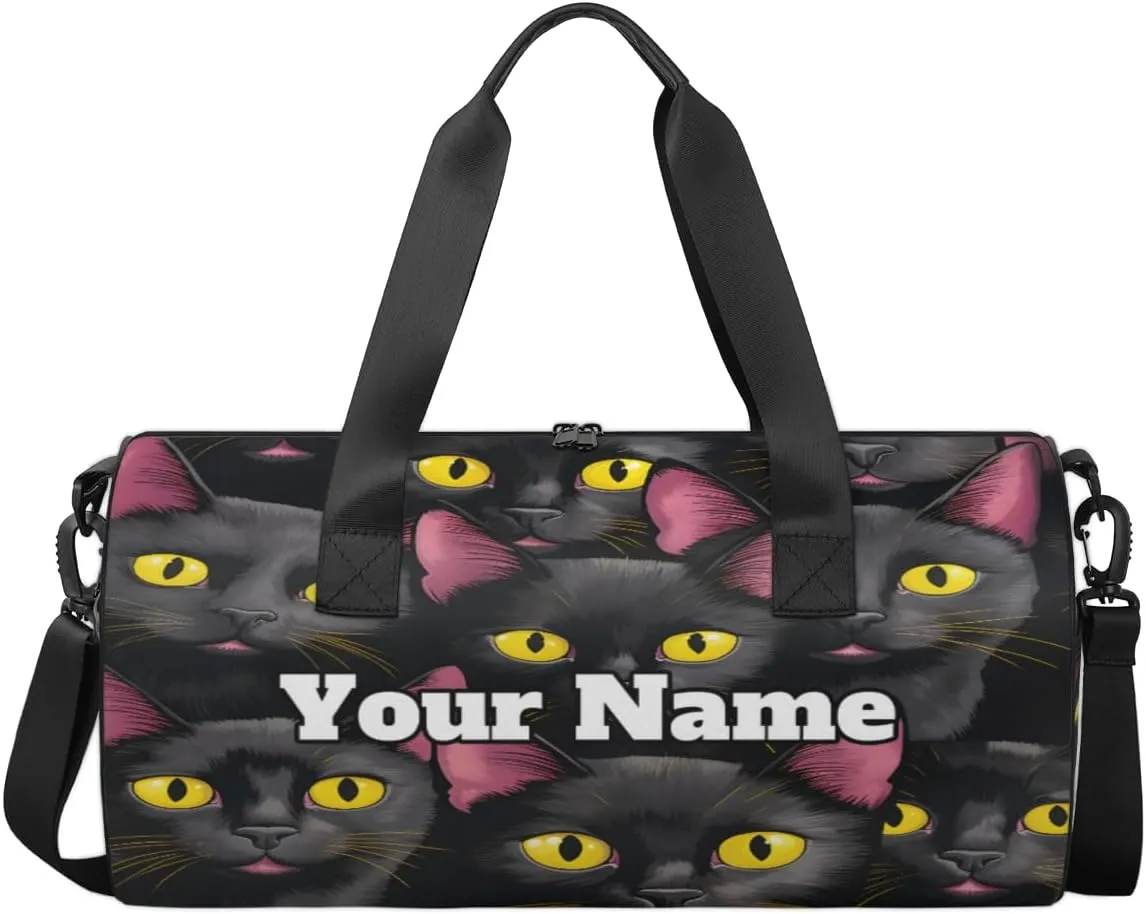 Personalized Black Cat Print Sport Gym Bag, Custom Name Duffel Bags for Men, Waterproof Custom Sport Duffel Bag, Gymnastics Dance, Funny Cat