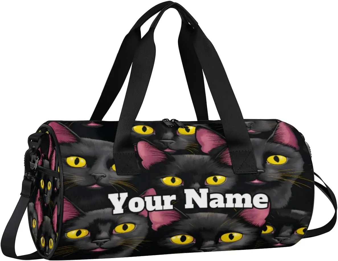 Personalized Black Cat Print Sport Gym Bag, Custom Name Duffel Bags for Men, Waterproof Custom Sport Duffel Bag, Gymnastics Dance, Funny Cat