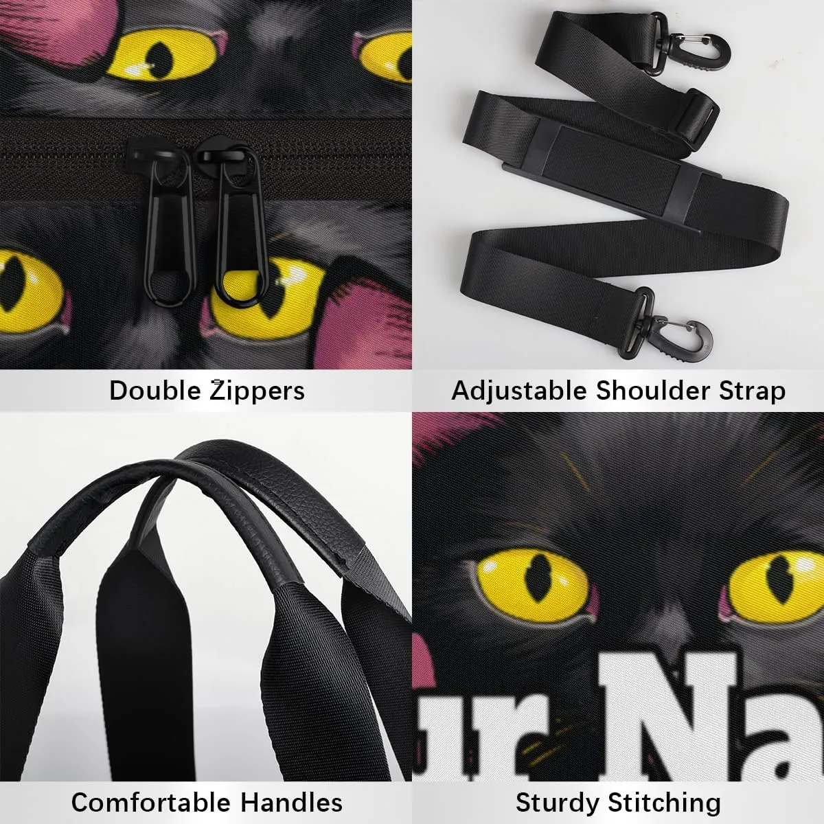 Personalized Black Cat Print Sport Gym Bag, Custom Name Duffel Bags for Men, Waterproof Custom Sport Duffel Bag, Gymnastics Dance, Funny Cat