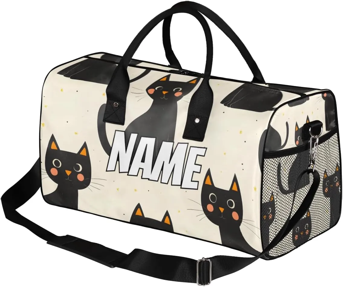 Personalized Black Cats Travel Duffel Bag with Name, Custom Gym Sport Bag Kitten Boho Carry On Weekend Overnight Duffel Bag for Men Women