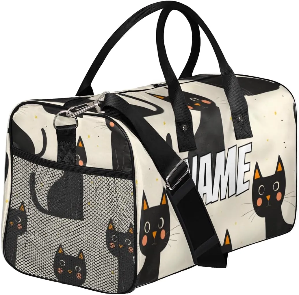 Personalized Black Cats Travel Duffel Bag with Name, Custom Gym Sport Bag Kitten Boho Carry On Weekend Overnight Duffel Bag for Men Women