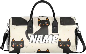 Personalized Black Cats Travel Duffel Bag with Name, Custom Gym Sport Bag Kitten Boho Carry On Weekend Overnight Duffel Bag for Men Women