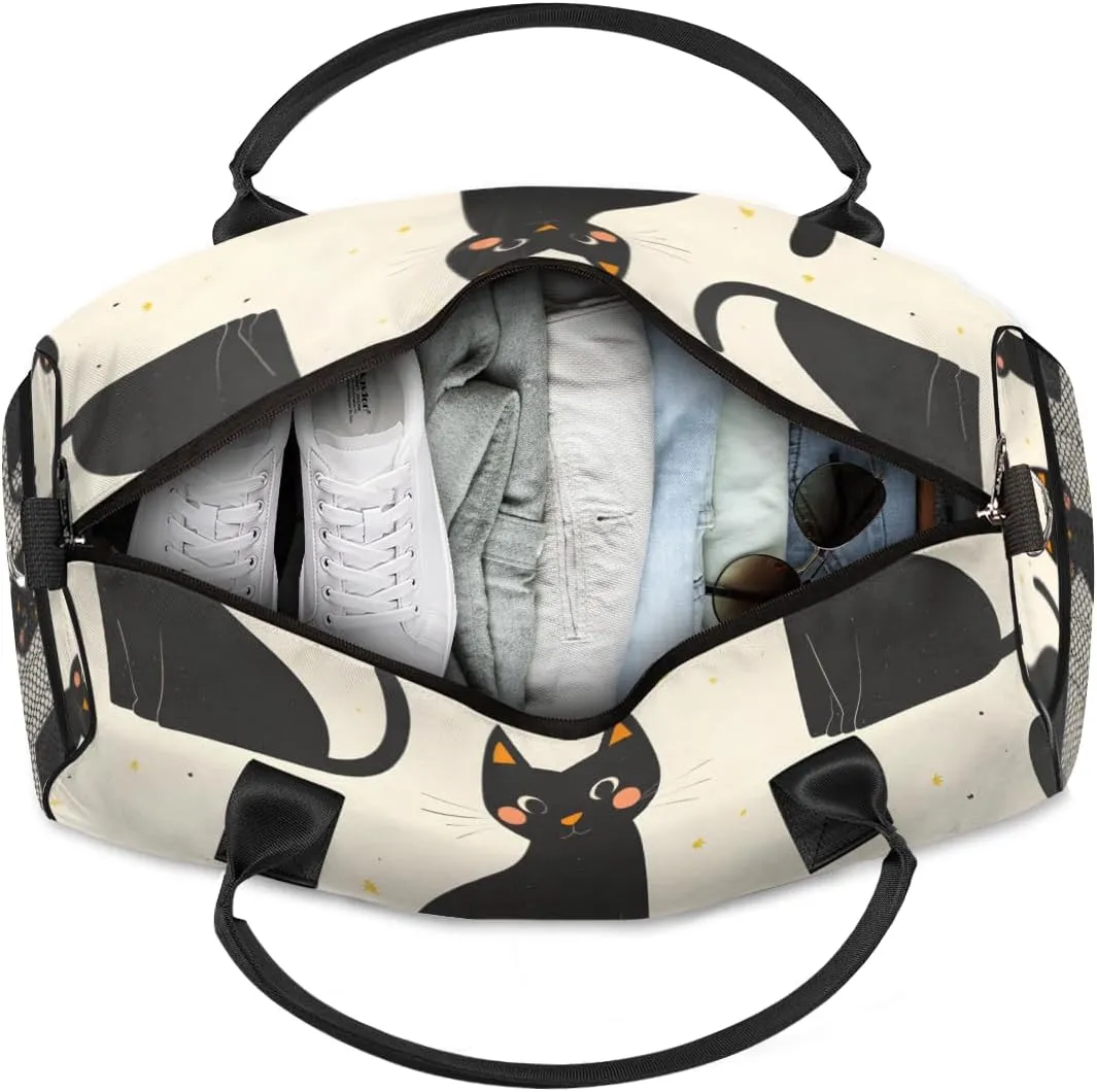 Personalized Black Cats Travel Duffel Bag with Name, Custom Gym Sport Bag Kitten Boho Carry On Weekend Overnight Duffel Bag for Men Women