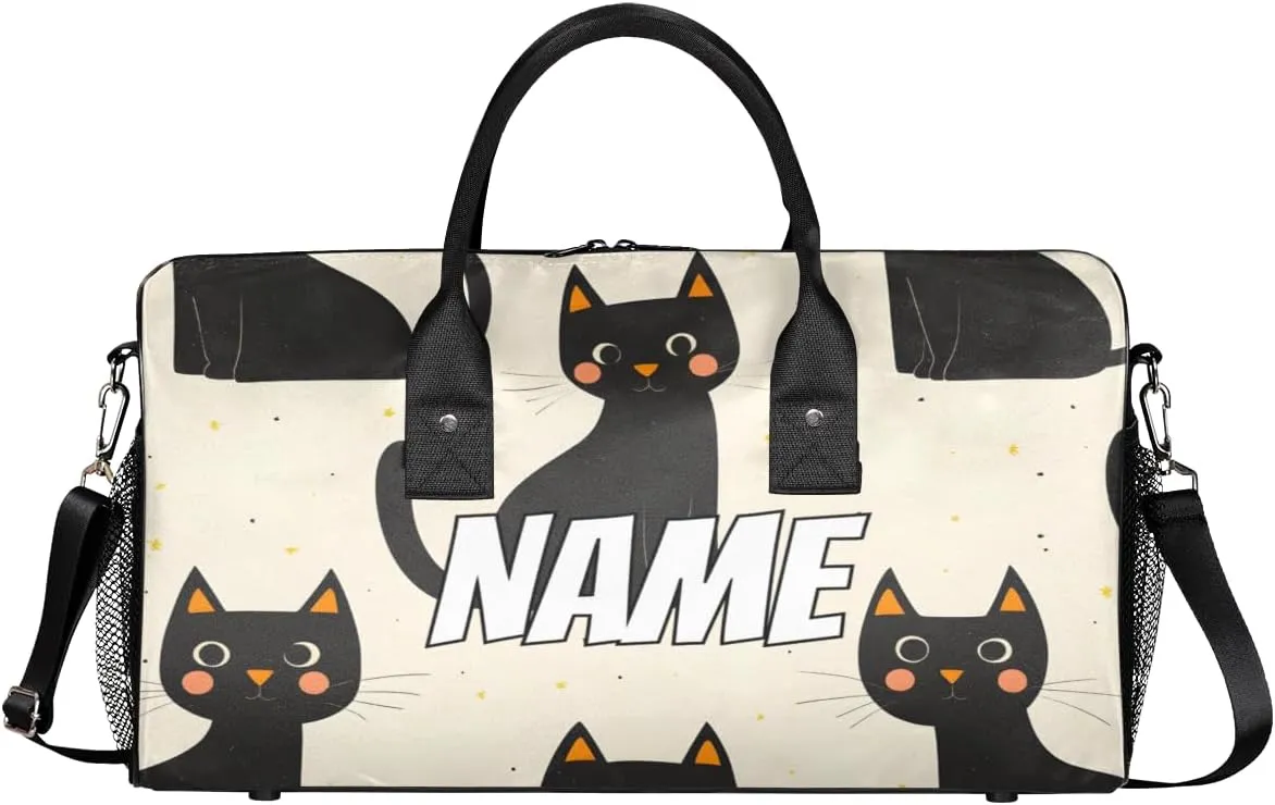 Personalized Black Cats Travel Duffel Bag with Name, Custom Gym Sport Bag Kitten Boho Carry On Weekend Overnight Duffel Bag for Men Women