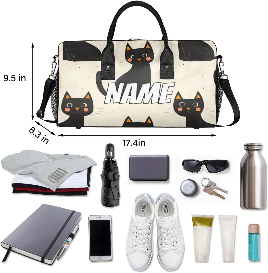 Personalized Black Cats Travel Duffel Bag with Name, Custom Gym Sport Bag Kitten Boho Carry On Weekend Overnight Duffel Bag for Men Women
