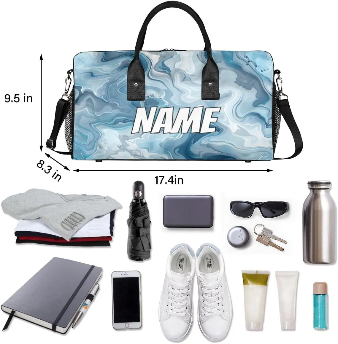 Personalized Blue Marble Travel Duffel Bag with Name, Custom Gym Sport Bag Abstact Fluid Carry On Weekend Overnight Duffel Bag for Men Women
