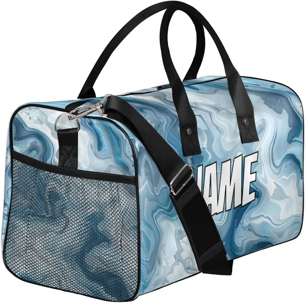 Personalized Blue Marble Travel Duffel Bag with Name, Custom Gym Sport Bag Abstact Fluid Carry On Weekend Overnight Duffel Bag for Men Women