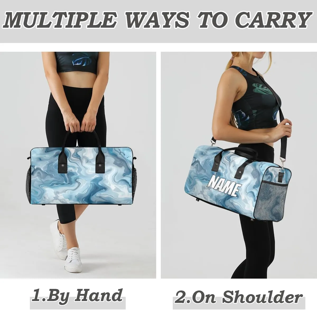 Personalized Blue Marble Travel Duffel Bag with Name, Custom Gym Sport Bag Abstact Fluid Carry On Weekend Overnight Duffel Bag for Men Women