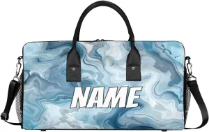 Personalized Blue Marble Travel Duffel Bag with Name, Custom Gym Sport Bag Abstact Fluid Carry On Weekend Overnight Duffel Bag for Men Women