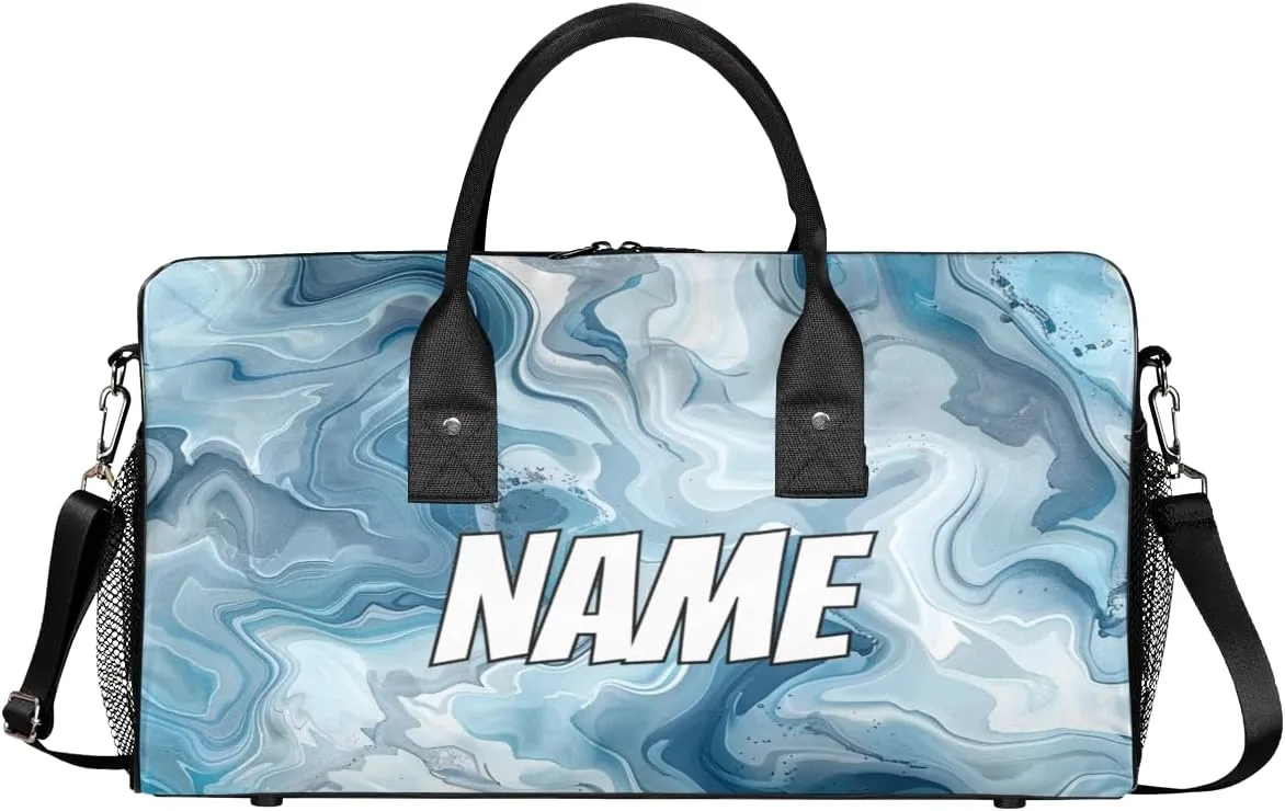 Personalized Blue Marble Travel Duffel Bag with Name, Custom Gym Sport Bag Abstact Fluid Carry On Weekend Overnight Duffel Bag for Men Women