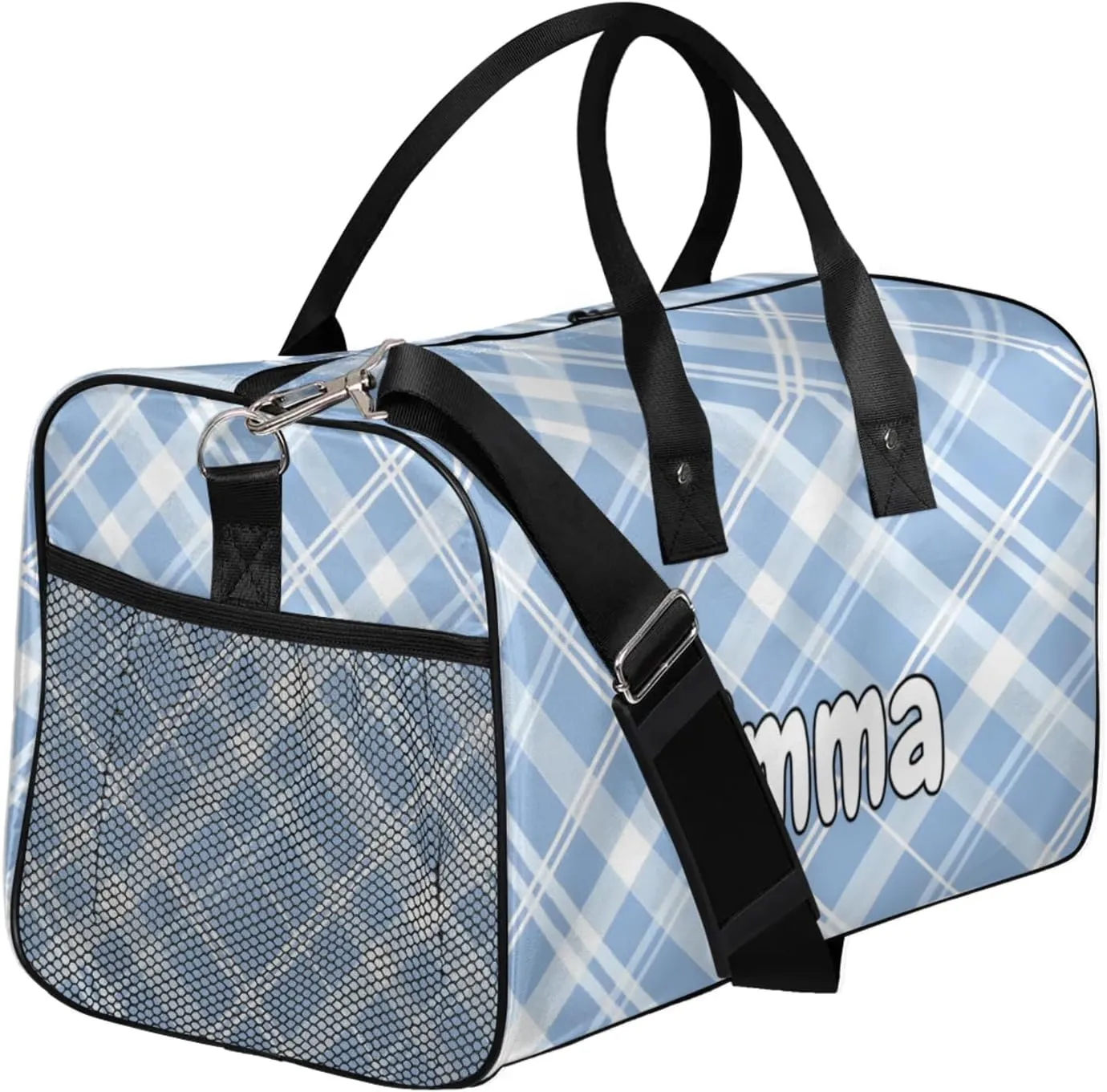 Personalized Blue Plaid Travel Duffel Bag with Name, Custom Gym Sport Bag Cute Retro Carry On Weekend Overnight Duffel Bag for Men Women