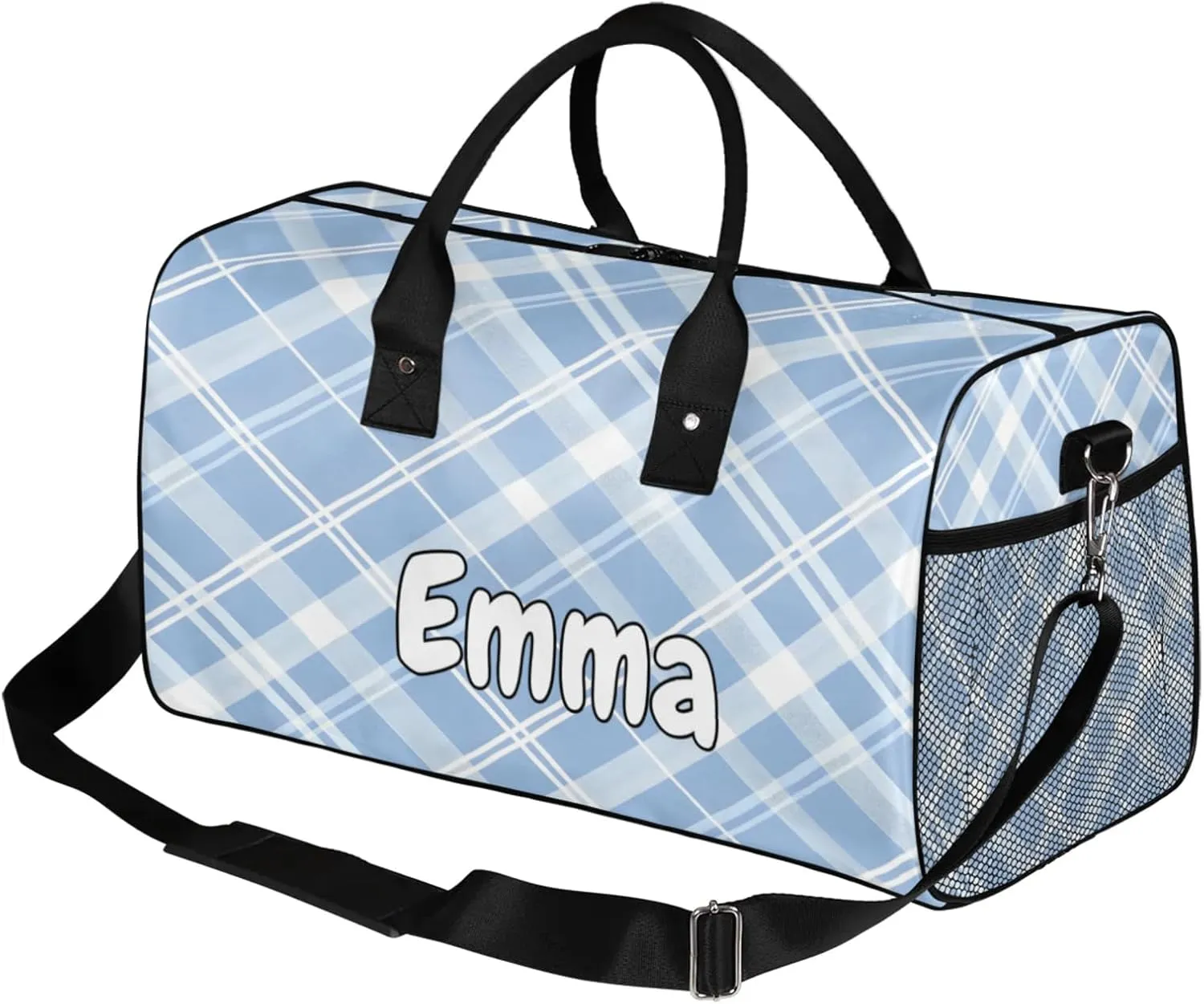 Personalized Blue Plaid Travel Duffel Bag with Name, Custom Gym Sport Bag Cute Retro Carry On Weekend Overnight Duffel Bag for Men Women