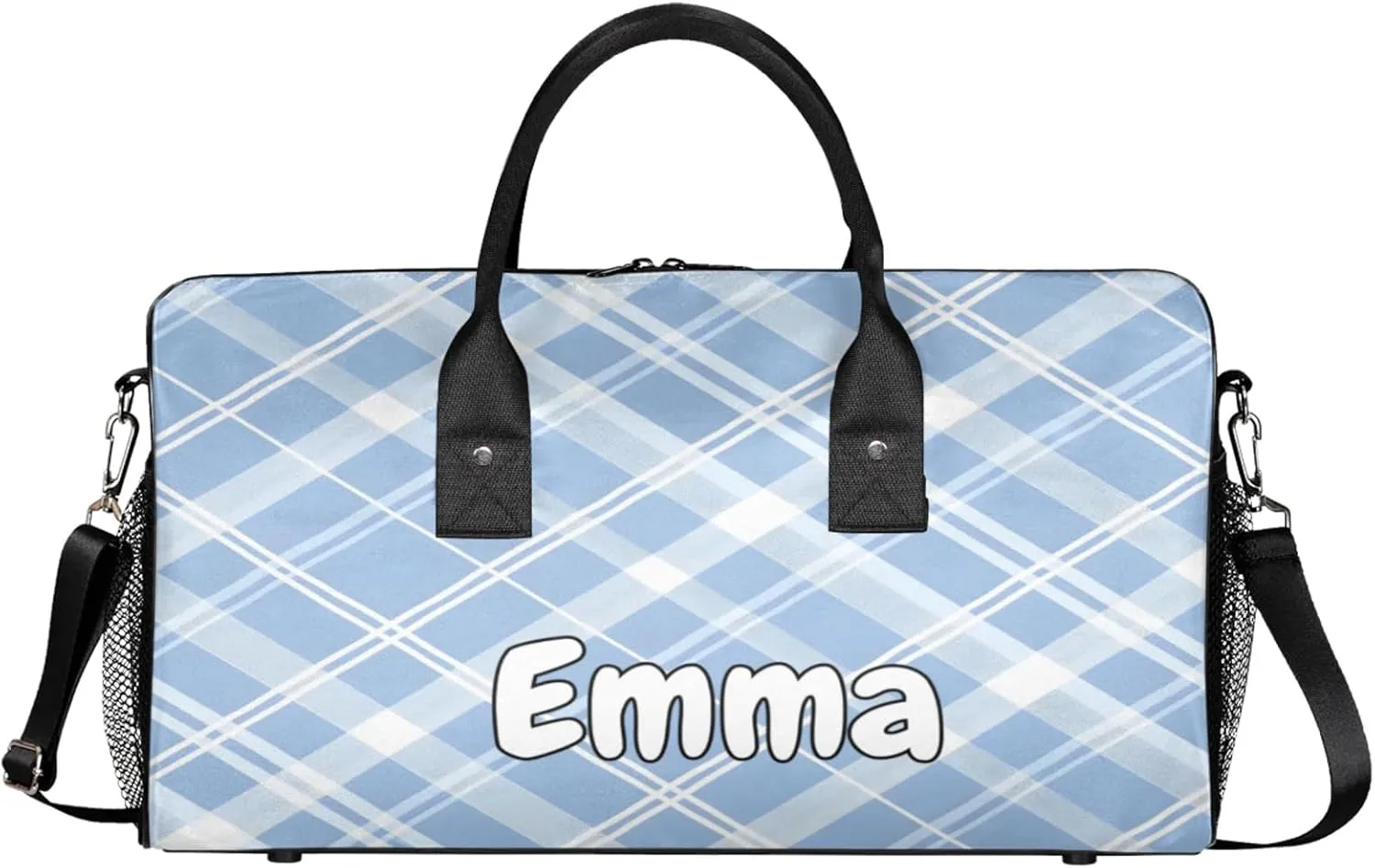 Personalized Blue Plaid Travel Duffel Bag with Name, Custom Gym Sport Bag Cute Retro Carry On Weekend Overnight Duffel Bag for Men Women